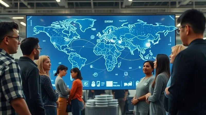 A photorealistic image of a diverse group of people (consumers, brand representatives, factory workers) looking at a large, transparent digital screen displaying an interactive, ethical supply chain map with glowing nodes and connecting lines, symbolizing shared knowledge and trust, 8K, cinematic lighting.