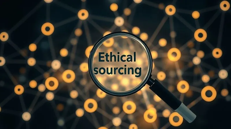 A photorealistic, highly detailed infographic of a multi-tier supply chain, depicted as a complex, interconnected web of nodes and lines. Each node represents a supplier tier (Tier 1, Tier 2, Tier 3, Raw Materials), with data flowing between them. A magnifying glass hovers over a 'hidden' tier, revealing detailed information about ethical sourcing. Professional photography, 8K, cinematic lighting, sharp focus, depth of field.
