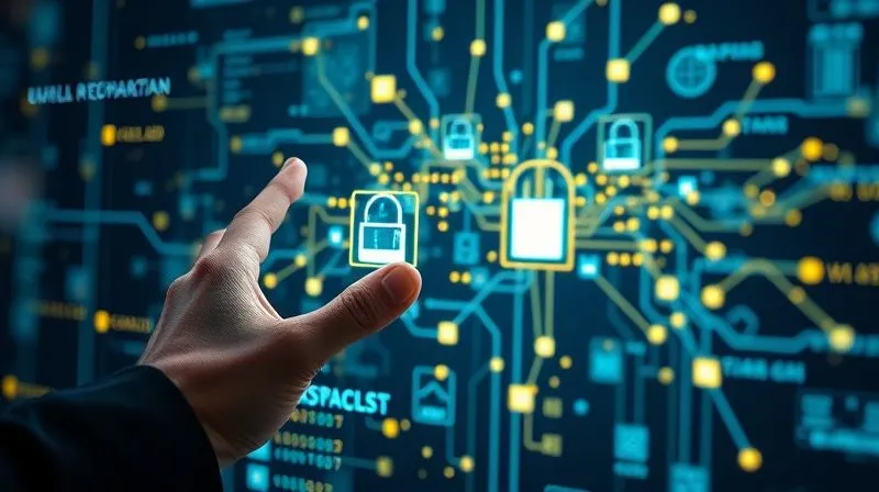 A photorealistic, futuristic depiction of a transparent supply chain, visualized as glowing data streams and interconnected nodes on a holographic display. Blockchain ledger entries are visible as intricate, secure blocks. A human hand gestures towards the display, indicating control and oversight. Professional photography, 8K, cinematic lighting, sharp focus on the data, depth of field blurring the background.