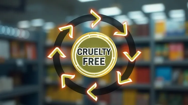 A photorealistic image of a circular diagram illustrating 'Continuous Improvement' in a supply chain, with arrows flowing through stages like 'Monitor', 'Identify', 'Act', 'Review'. The central theme is a glowing 'Cruelty-Free' badge. Professional photography, 8K, cinematic lighting, sharp focus, depth of field, shot on a high-end DSLR.