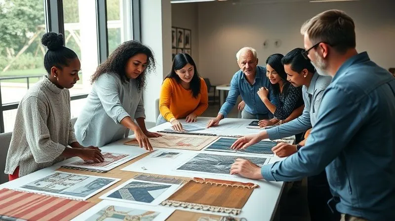 A photorealistic, professional photography, 8K, cinematic lighting, sharp focus, depth of field, shot on a high-end DSLR, depicting a diverse group of designers and cultural consultants collaborating around a large table, reviewing textile samples, mood boards, and digital sketches. They are engaged in an earnest discussion, pointing at designs, with a sense of shared purpose and respect for the cultural elements being discussed. The setting is a modern, well-lit studio, with natural light streaming in, highlighting the textures and colors of the materials.