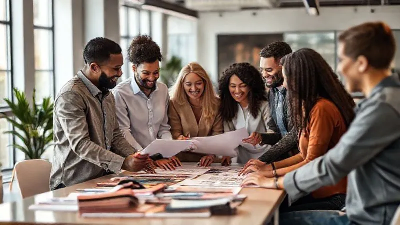 A diverse group of professionals from various backgrounds and body types collaborating enthusiastically in a modern, well-lit office space. They are engaged in a design meeting, with sketches and fabric swatches on a table. Photorealistic, professional photography, 8K, cinematic lighting, sharp focus on their interactions, depth of field blurring the background, shot on a high-end DSLR.