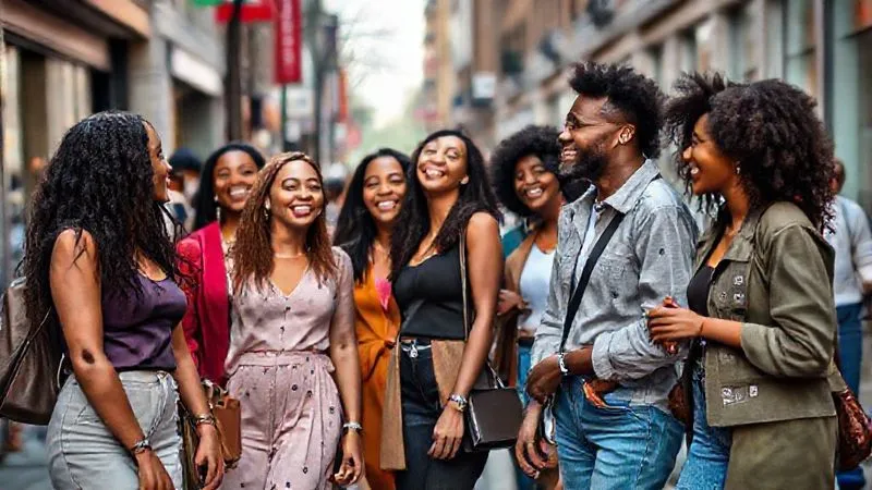 A vibrant street scene featuring real people of diverse body types, ages, and ethnicities confidently and joyfully interacting. They are dressed in stylish, everyday fashion that fits well and celebrates their individuality. The scene emphasizes natural smiles and authentic connections. Photorealistic, professional photography, 8K, cinematic lighting, sharp focus on the people, depth of field blurring the urban background, shot on a high-end DSLR.