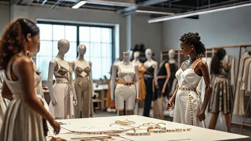 A modern fashion design studio with a diverse team of designers actively working on patterns and garments. Mannequins of various sizes and shapes are visible, showcasing adaptive and inclusive clothing designs. Fabric swatches and measuring tapes are prominent. Photorealistic, professional photography, 8K, cinematic lighting, sharp focus on the design process, depth of field blurring the background, shot on a high-end DSLR.