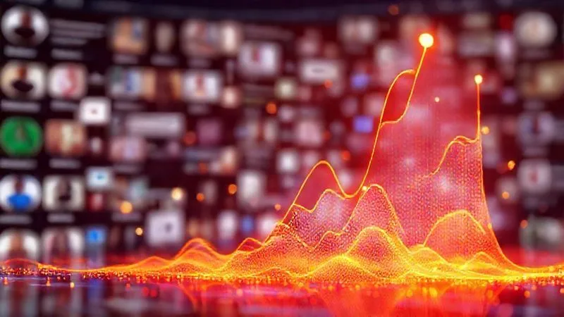 An abstract, glowing 3D data visualization representing brand sentiment and community engagement metrics. The visualization uses organic shapes and flowing lines in a spectrum of warm, inviting colors, suggesting growth and positive sentiment, set against a subtly blurred background of diverse social media feeds. Photorealistic, professional photography, 8K, cinematic lighting, sharp focus on the data visualization, depth of field, shot on a high-end DSLR.