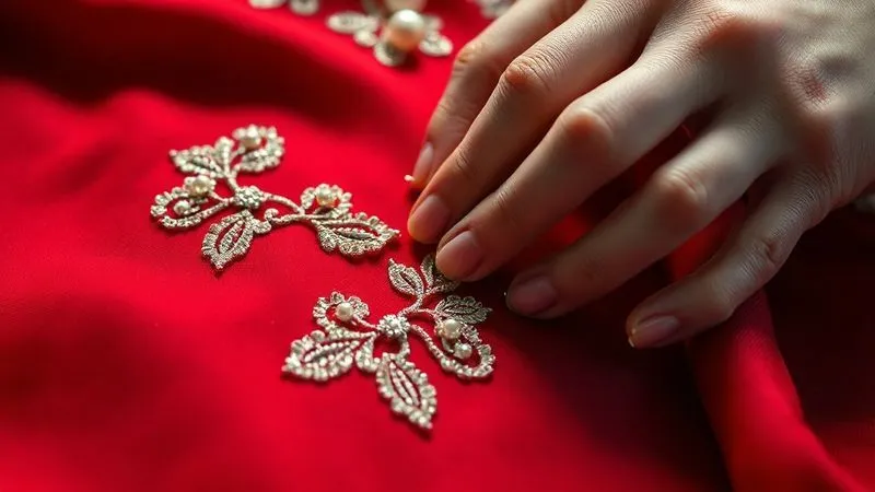 Photorealistic, professional photography, 8K, cinematic lighting, sharp focus, depth of field, shot on a high-end DSLR. A close-up of a costume designer's hands meticulously applying a delicate appliqué motif onto a rich, dark red fabric. Tiny pearls and metallic threads are visible on the work surface, suggesting intricate embellishment. The lighting highlights the texture of the fabric and the precision of the work.