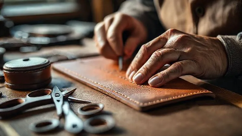 A highly detailed close-up shot of a master artisan's hands meticulously stitching a piece of luxury leather goods, with tools blurred in the foreground and natural light highlighting the texture of the material. Photorealistic, professional photography, 8K, cinematic lighting, sharp focus, depth of field, shot on a high-end DSLR.