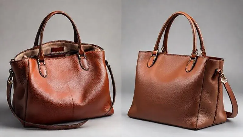 A side-by-side comparison shot of two luxury handbags, one open to show interior craftsmanship and the other displaying exterior details, with a focused lens on the subtle differences in material and stitching. A professional, neutral background emphasizes the products. Photorealistic, professional photography, 8K, cinematic lighting, sharp focus, depth of field, shot on a high-end DSLR.