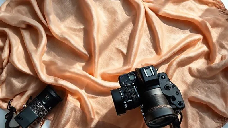A fashion blogger meticulously arranging a luxury silk scarf for a flat lay photograph, ensuring natural light illuminates the fabric's texture and color without artificial enhancement. A professional camera is visible in the foreground. Photorealistic, professional photography, 8K, cinematic lighting, sharp focus, depth of field, shot on a high-end DSLR.