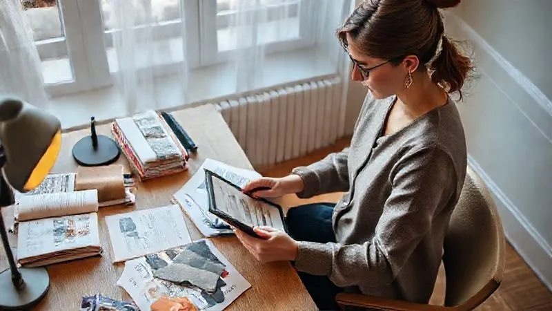 A fashion blogger sitting at a stylish desk, surrounded by open notebooks and design sketches, intently studying fabric swatches and a tablet displaying industry reports. The scene is bathed in thoughtful, soft light, conveying continuous learning and dedication. Photorealistic, professional photography, 8K, cinematic lighting, sharp focus, depth of field, shot on a high-end DSLR.