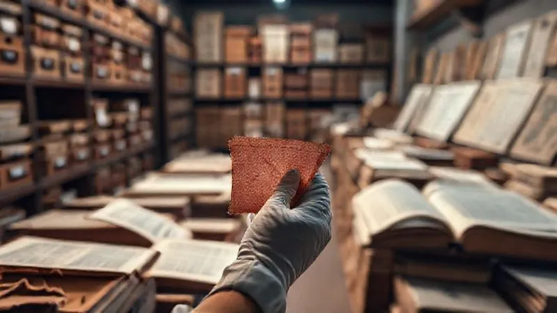 photorealistic, professional photography, 8K, cinematic lighting, sharp focus, depth of field, shot on a high-end DSLR. A meticulously organized archive room, filled with rows of elegant garment boxes and design sketches, bathed in soft, historical light. A gloved hand carefully examines a vintage fabric swatch under a magnifying glass, surrounded by open notebooks and research materials, evoking a sense of deep historical investigation.