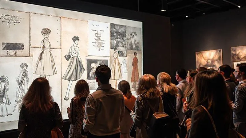 photorealistic, professional photography, 8K, cinematic lighting, sharp focus, depth of field, shot on a high-end DSLR. A beautifully curated digital exhibition on a large, high-resolution screen, showcasing vintage fashion sketches and historical photographs seamlessly integrated with modern interactive elements. A diverse group of people, captivated, are engaging with the display, creating a sense of shared discovery and appreciation for heritage.