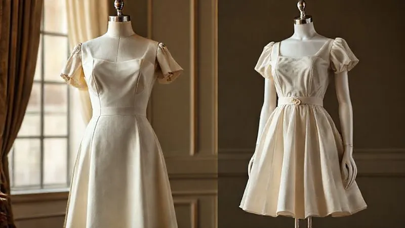 photorealistic, professional photography, 8K, cinematic lighting, sharp focus, depth of field, shot on a high-end DSLR. A vintage mannequin displaying an authentic 1950s A-line dress, with its perfectly balanced silhouette, fitted bodice, and gentle flare. Adjacent, a modern mannequin wears a reproduction A-line dress, subtly revealing differences in waistline placement and skirt volume, highlighting the nuanced distinction between genuine and imitation.