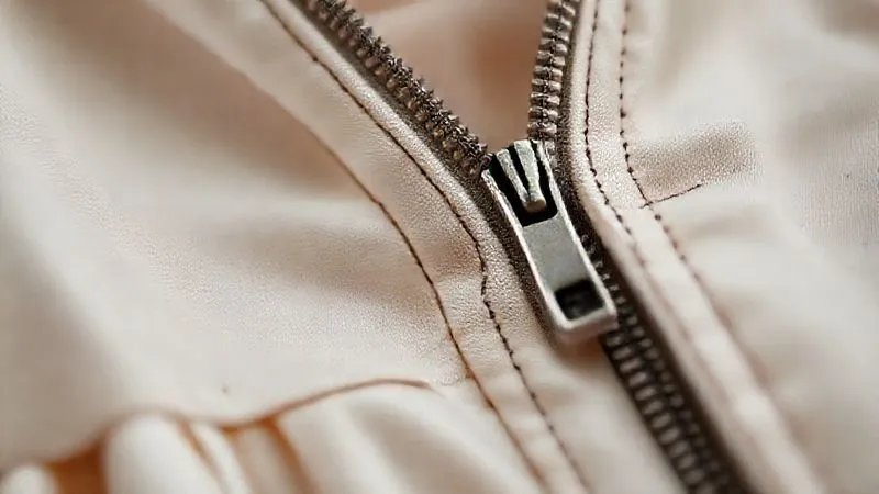 photorealistic, professional photography, 8K, cinematic lighting, sharp focus, depth of field, shot on a high-end DSLR. A close-up, macro shot revealing the interior construction of a genuine 1950s A-line dress. Focus on a meticulously pinked seam, a metal Talon zipper with its brand clearly visible, and a hand-stitched hem, contrasting with a blurred background showing modern serged seams and a plastic zipper from a reproduction.