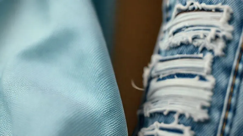 photorealistic, professional photography, 8K, cinematic lighting, sharp focus, depth of field, shot on a high-end DSLR. A close-up of a genuine 1950s A-line dress fabric, showing subtle, natural fading and a tiny, carefully hand-mended stitch, conveying authentic age and preservation. In contrast, a blurred background shows artificially distressed denim with uniform, manufactured tears, highlighting the difference between true patina and forced vintage aesthetics.