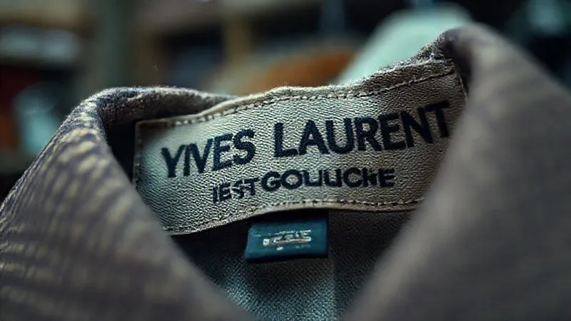 Photorealistic, professional photography, 8K, cinematic lighting, sharp focus, depth of field, shot on a high-end DSLR. A close-up of a vintage 1970s Yves Saint Laurent Rive Gauche label, showing the distinctive font and fabric texture, with a blurred background of a fashion archive.
