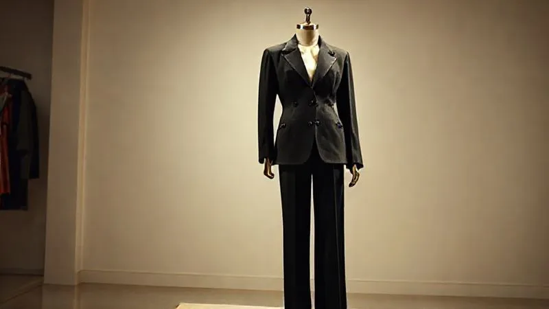 Photorealistic, professional photography, 8K, cinematic lighting, sharp focus, depth of field, shot on a high-end DSLR. A vintage 1970s Yves Saint Laurent Rive Gauche ensemble, possibly a tailored blazer and wide-leg trousers, displayed on a mannequin in a minimalist setting, emphasizing its iconic silhouette and fabric drape.