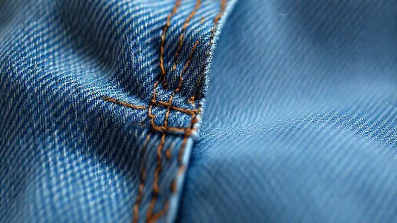Photorealistic, professional photography, 8K, cinematic lighting, sharp focus, depth of field, shot on a high-end DSLR. A close-up shot of a garment's seam, with one side showing perfect, tight, even vintage stitching and the other side showing loose, uneven, modern machine stitching, highlighting the contrast in quality.