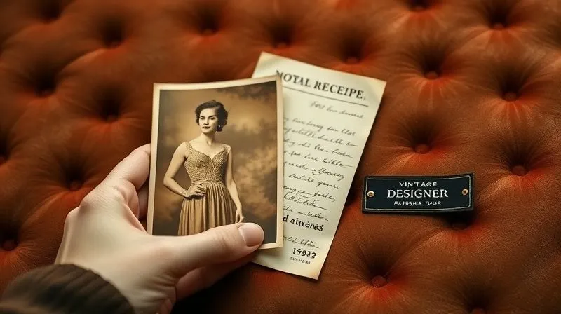 A photorealistic image of an aged, elegant hand holding a faded sepia photograph of a woman wearing a luxurious 1950s dress, next to a vintage handwritten receipt and a designer label, all resting on a rich velvet surface. Soft, historical lighting, sharp focus on the documents and label, depth of field blurring the background, 8K hyper-detailed, professional photography, shot on a high-end DSLR.