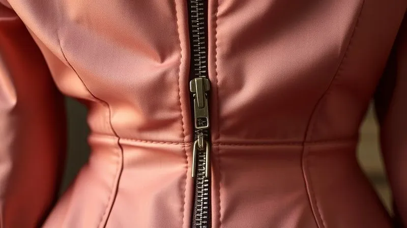 A photorealistic close-up, professional photography, 8K, cinematic lighting shot of a vintage metal zipper seamlessly integrated into the back of a luxurious 1950s haute couture dress, with intricate hand-stitched details visible around the closure. The fabric is a rich, textured silk. Sharp focus on the zipper and stitching, depth of field blurring the rest of the dress, shot on a high-end DSLR.