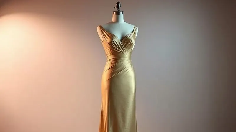 A photorealistic, professional photography, 8K, cinematic lighting shot of a stunning, impeccably preserved 1950s haute couture evening gown displayed on a sleek, invisible mannequin. The dress is perfectly lit to highlight its luxurious fabric and intricate details, against a minimalist, elegant backdrop. Sharp focus on the gown, depth of field subtly blurring the background, shot on a high-end DSLR.