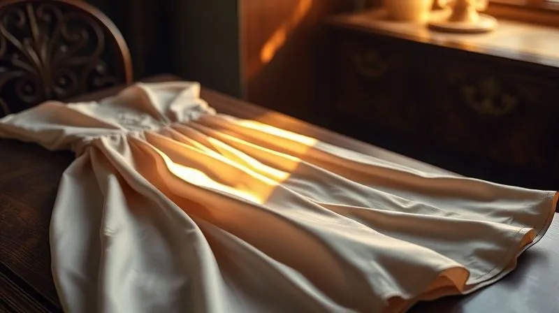 A photorealistic, professional photography, 8K, cinematic lighting shot of a carefully folded, exquisite 1950s haute couture dress, perhaps a silk ball gown, resting gently on an antique wooden table. A single ray of golden light illuminates a delicate detail on the fabric, evoking a sense of reverence and timeless beauty. Sharp focus on the dress, depth of field blurring the background, shot on a high-end DSLR.