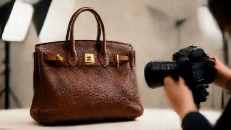 A professional photography setup, photorealistic, 8K, cinematic lighting, sharp focus on a vintage Hermès Birkin bag positioned artfully on a light background, with softboxes and reflectors subtly visible around it. A photographer's hands are adjusting a high-end DSLR camera, capturing the bag's exquisite details for an online listing. Depth of field blurs the studio background, focusing on the bag and the act of professional documentation. Shot on a high-end DSLR, hyper-detailed.