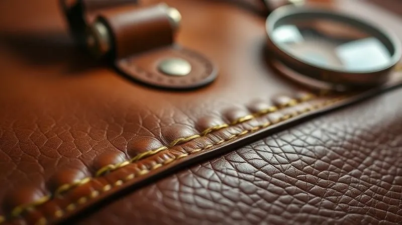 photorealistic, professional photography, 8K, cinematic lighting, sharp focus, depth of field, shot on a high-end DSLR, a close-up detail shot of the impeccable, even stitching on a vintage leather designer handbag, with a slight gleam on the leather and thread, emphasizing craftsmanship and precision, a magnifying glass in the background slightly out of focus.