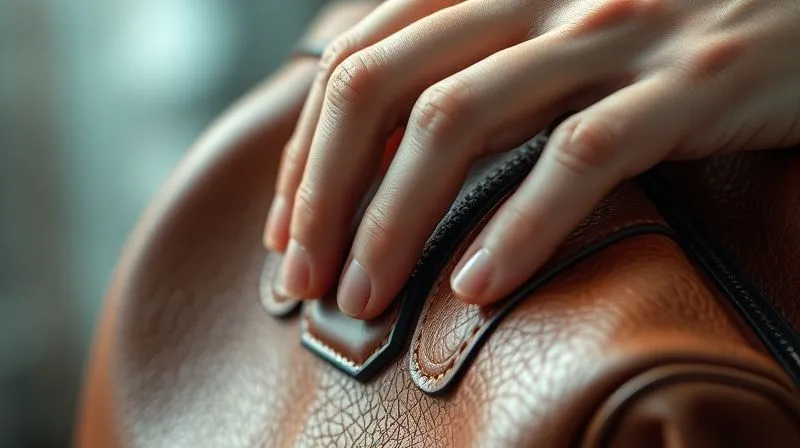 photorealistic, professional photography, 8K, cinematic lighting, sharp focus, depth of field, shot on a high-end DSLR, a close-up of a hand gently feeling the supple, aged leather of a vintage designer handbag, highlighting its texture and patina, with soft, warm lighting, conveying a sense of luxury and tactile experience.