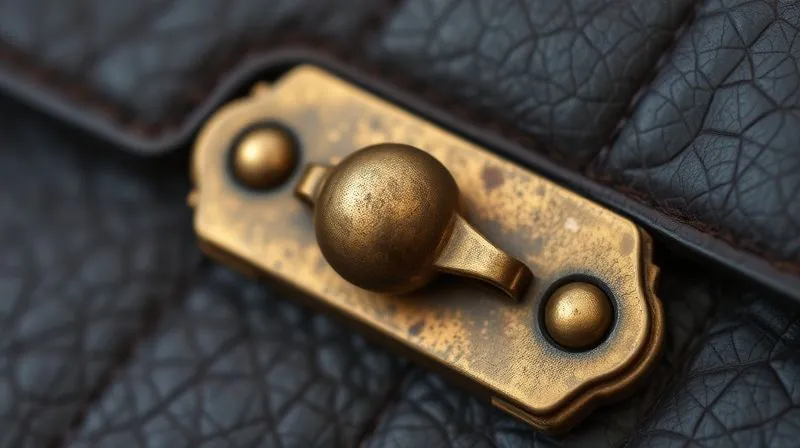 A photorealistic close-up of an aged, tarnished but exquisitely crafted vintage brass clasp on a dark leather handbag, with intricate detailing visible. The texture of the leather and the subtle patina on the metal are in sharp focus. Professional photography, 8K, cinematic lighting, sharp focus, depth of field, shot on a high-end DSLR, highlighting the quality of vintage materials and hardware.