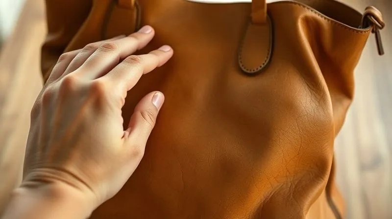 A photorealistic image from a first-person perspective, showing hands gently touching and feeling the supple, aged texture of a vintage leather handbag, with a focus on the natural grain and slight imperfections of the material. The lighting is soft and warm, emphasizing the tactile experience. Professional photography, 8K, cinematic lighting, sharp focus, depth of field, shot on a high-end DSLR, conveying a sense of sensory examination.