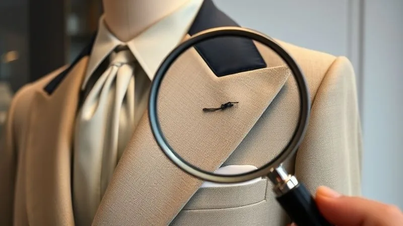 A photorealistic, highly detailed image of a vintage Dior Bar Suit from the New Look era, displayed on a mannequin, with a magnifying glass held over a tiny, almost invisible stitch on the lapel. The focus is on the intricate craftsmanship and subtle details. Professional photography, 8K, cinematic lighting, sharp focus, depth of field, shot on a high-end DSLR, emphasizing the forensic examination of couture.