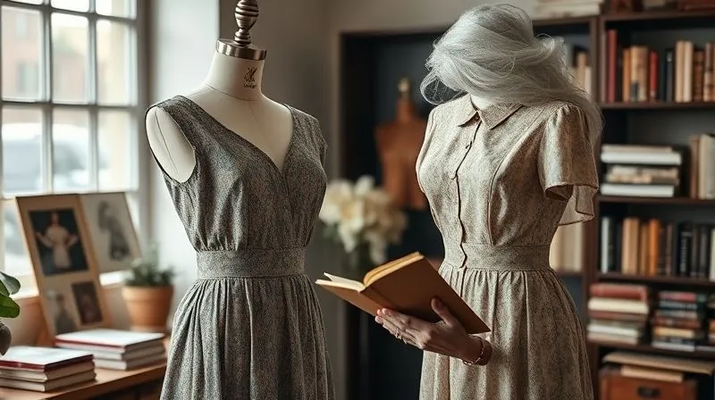 A photorealistic image of a vintage fashion expert, possibly an older woman with elegant hands, meticulously examining a rare vintage designer dress on a mannequin in a well-lit, sophisticated studio. She holds a small notebook and is surrounded by historical fashion books and tools. Professional photography, 8K, cinematic lighting, sharp focus, depth of field, shot on a high-end DSLR, conveying deep expertise and a passion for vintage fashion research.