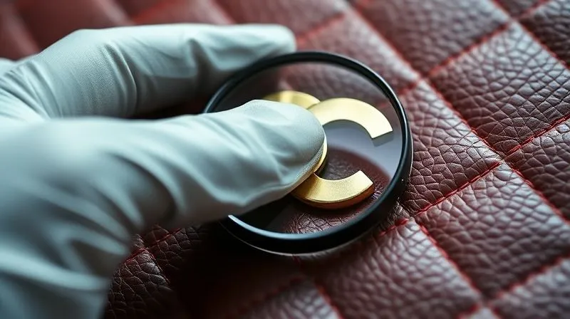 A close-up, photorealistic, professional photography, 8K image of a gloved hand gently touching the surface of a vintage Chanel caviar leather bag, highlighting the texture and sheen. A magnifying glass is held over the precise stitching, cinematic lighting, sharp focus on the material and stitching, depth of field. Shot on a high-end DSLR.