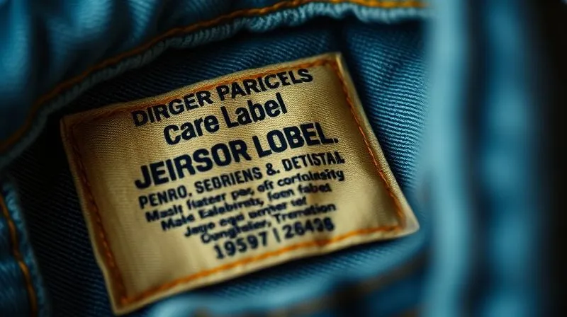 photorealistic, professional photography, 8K, cinematic lighting, sharp focus on a faded but legible inner care label of a 1970s designer denim garment, showing vintage font and fabric composition details, depth of field blurring the background, shot on a high-end DSLR, soft natural light.