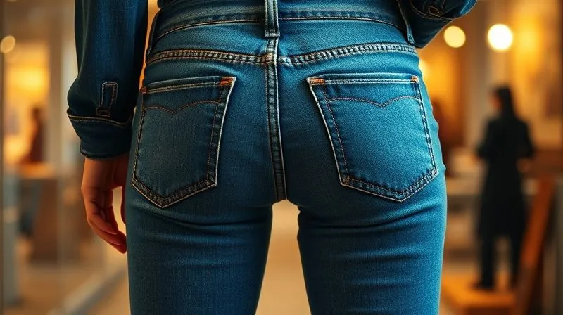 photorealistic, professional photography, 8K, cinematic lighting, sharp focus on a vintage 1970s bell-bottom designer denim jeans, worn on a mannequin or subtly by a person from the waist down, showcasing the distinct flare and high-waist silhouette, depth of field blurring the background, shot on a high-end DSLR, subtle warm tones.