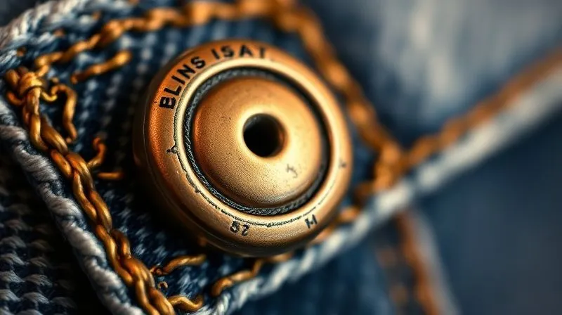 photorealistic, professional photography, 8K, cinematic lighting, extreme close-up, sharp focus on an authentic 1970s designer denim button and rivet, showing intricate branding details, copper patina, and robust construction, depth of field blurring the background, shot on a high-end DSLR, macro lens perspective.