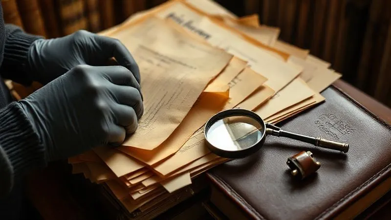 A pair of gloved hands carefully sifting through a collection of aged, yellowed archival documents and fabric swatches, possibly from a fashion house's historical records. A magnifying glass rests nearby on a leather-bound book. The scene is bathed in warm, soft library lighting. Photorealistic, professional photography, 8K, cinematic lighting, sharp focus on the documents, depth of field, shot on a high-end DSLR.