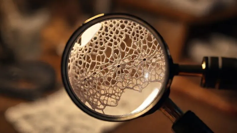 A macro, photorealistic shot of a magnifying glass held over a minute detail of a piece of vintage lace, revealing subtle inconsistencies or signs of repair that might indicate forgery. The background is blurred, suggesting a workbench or expert's desk. Intense, directional lighting highlights the intricate fibers. Professional photography, 8K, cinematic lighting, sharp focus on the magnified area, depth of field, shot on a high-end DSLR.