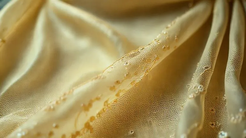 A photorealistic close-up of a delicate, aged silk flapper dress fabric, with subtle signs of antique patina. The light catches the intricate, faded beadwork. professional photography, 8K, cinematic lighting, sharp focus, depth of field, shot on a high-end DSLR.