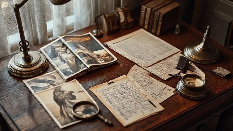 A photorealistic image of an antique wooden desk covered with vintage fashion magazines from the 1950s, old photographs in sepia tones, handwritten letters, and a magnifying glass, all softly illuminated by a desk lamp. Professional photography, 8K, cinematic lighting, sharp focus, depth of field, shot on a high-end DSLR.