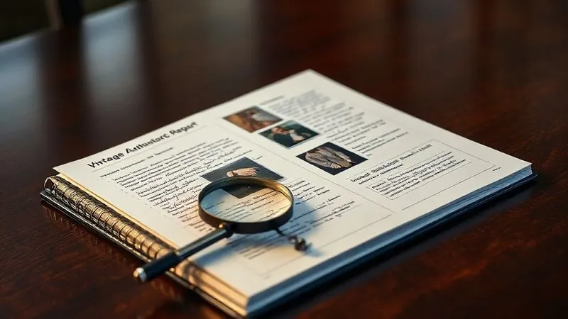 A photorealistic image of a sophisticated, open spiral-bound notebook on a polished dark wood table, titled 'Vintage Couture Authentication Report.' The pages show meticulous handwritten notes, attached close-up photos of labels and seams, and a magnifying glass resting beside it. Professional photography, 8K, cinematic lighting, sharp focus on the report, depth of field, shot on a high-end DSLR.
