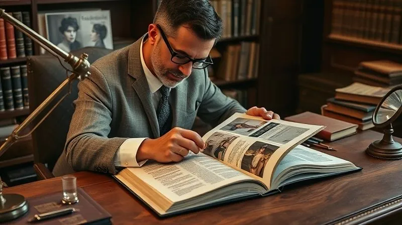 A photorealistic, professional photography, 8K image of a vintage fashion enthusiast meticulously studying old fashion magazines and brand archives on a mahogany desk, surrounded by antique books and a magnifying glass, cinematic lighting creating a warm, studious atmosphere, sharp focus on the open book, depth of field blurring the background.
