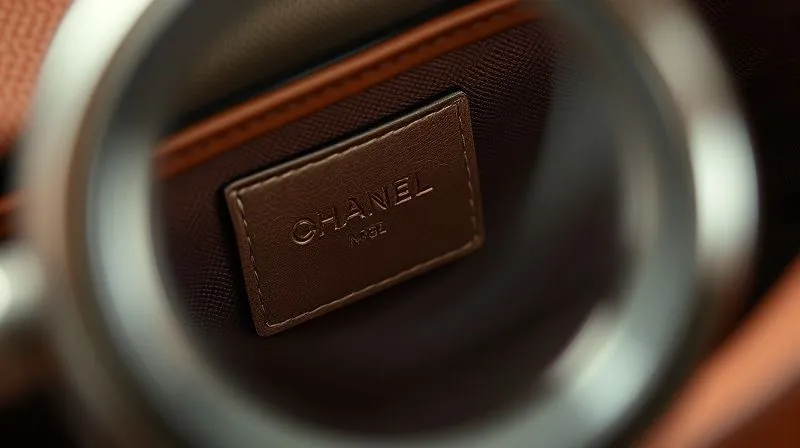 A close-up, photorealistic, professional photography, 8K image of a vintage Chanel bag's interior, with a clear focus on a small, textured serial number sticker under a magnifying glass. The lighting is cinematic, highlighting the fine details of the stitching and the embossed leather label, depth of field blurring the rest of the bag.
