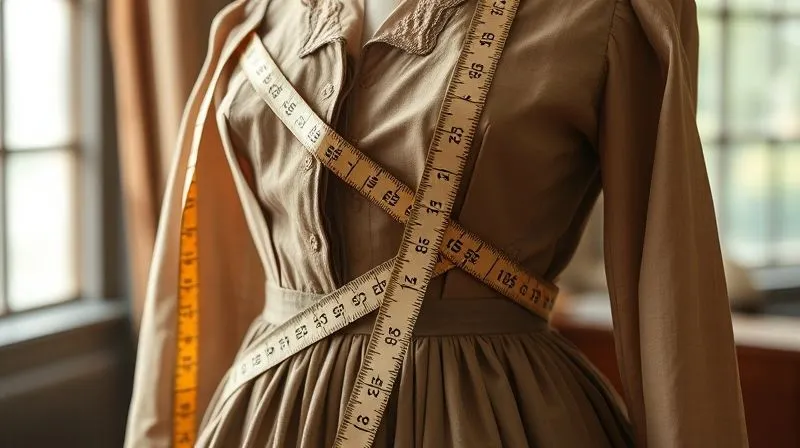 Photorealistic, professional photography, 8K, cinematic lighting, sharp focus, depth of field, shot on a high-end DSLR. A vintage tailor's measuring tape draped over a mannequin wearing a beautifully tailored, unlabeled vintage dress from the 1950s. The focus is on the intricate darting and the cinched waist, highlighting the historical proportions and craftsmanship, with a soft, warm light.