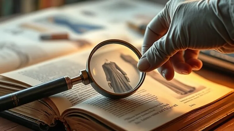 Photorealistic, professional photography, 8K, cinematic lighting, sharp focus, depth of field, shot on a high-end DSLR. A vintage magnifying glass resting on an open, aged fashion history book, with faint, blurred images of historical garments in the background. A gloved hand points to a specific detail on one of the images, conveying meticulous research and discovery, with warm, inviting light.