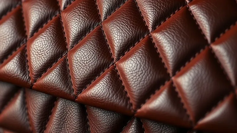 A close-up, photorealistic image of a vintage Chanel lambskin flap bag's diamond quilting, emphasizing the soft, supple texture and natural sheen of the leather. The lighting is soft and luxurious, highlighting the depth of the quilting. Professional photography, 8K, cinematic lighting, sharp focus, depth of field, shot on a high-end DSLR.