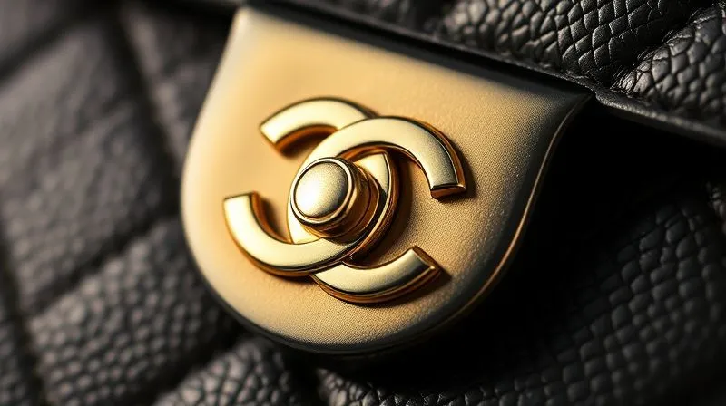 A macro, photorealistic image of a vintage Chanel bag's gold-plated CC turn-lock, showcasing the precise overlapping of the Cs and the fine details of the metalwork. The surface should reflect light subtly, emphasizing its quality. Professional photography, 8K, cinematic lighting, sharp focus, depth of field, shot on a high-end DSLR.