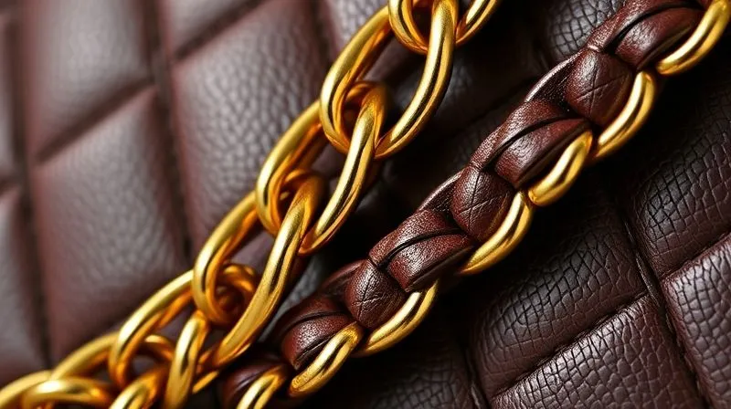 A close-up, photorealistic image of a vintage Chanel bag's iconic chain strap with interwoven lambskin leather. The image should highlight the precise weaving, the quality of the gold-plated links, and the supple texture of the leather. Professional photography, 8K, cinematic lighting, sharp focus, depth of field, shot on a high-end DSLR.