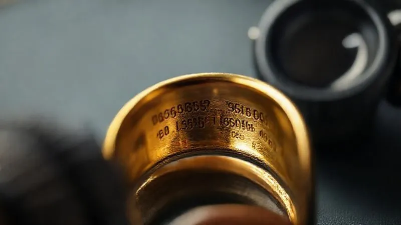 Photorealistic, professional photography, 8K, cinematic lighting, sharp focus on a macro shot of intricate gold hallmarks and maker's marks on the inside of a vintage haute joaillerie ring, with a jeweler's loupe slightly visible in the background, depth of field, shot on a high-end DSLR.